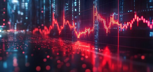 Red stock market graph with city skyline background.