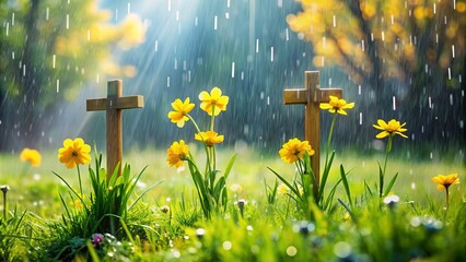 Vibrant yellow crosses bloom amidst lush greenery, surrounded by gentle spring rain droplets, symbolizing hope and renewal in a serene seasonal landscape.