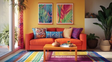 A cheerful living room with colorful accents, including cushions, rugs, and artwork, making the space feel vibrant and lively.