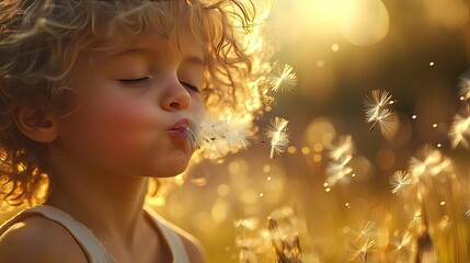Fototapeta premium A child with closed eyes, gently blowing on a dandelion, sending its seeds flying into the air while making a wish in a sunlit field.
