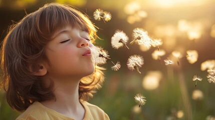 Fototapeta premium A child with closed eyes, gently blowing on a dandelion, sending its seeds flying into the air while making a wish in a sunlit field.