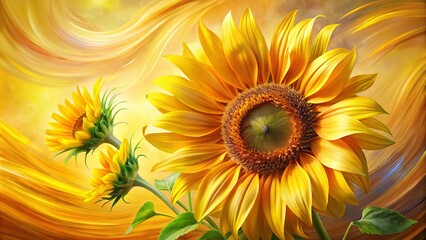 Fototapeta premium Vibrant yellow petals melted into swirling abstract shapes, sunflower's delicate beauty distilled into dynamic, expressive brushstrokes on a warm, sun-kissed background.