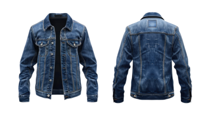set of jeans jacket front and back view isolated on white or transparent png