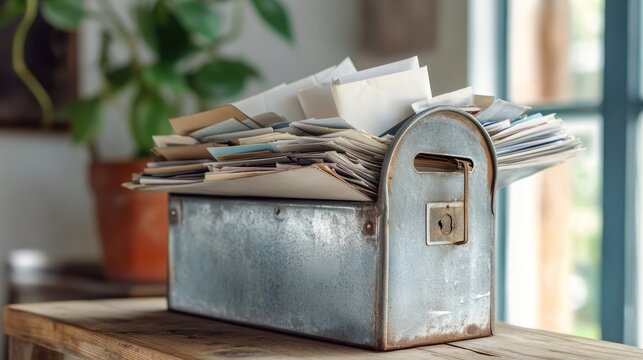 A classic tin mailbox with a bulging pile of letters, captured from a side perspective, highlighting the overflowing mail.