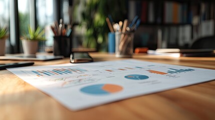Fototapeta premium A close-up of a financial report featuring detailed charts and graphs, spread out on a wooden desk with office supplies in the background.