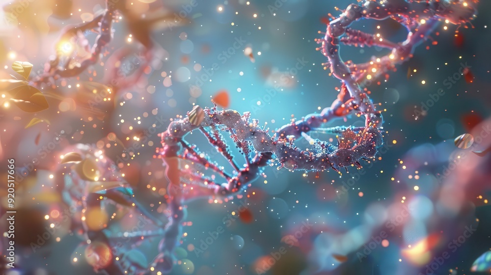 Poster 3d vibrant, abstract depiction of dna strands with glowing particles, representing the complexity an