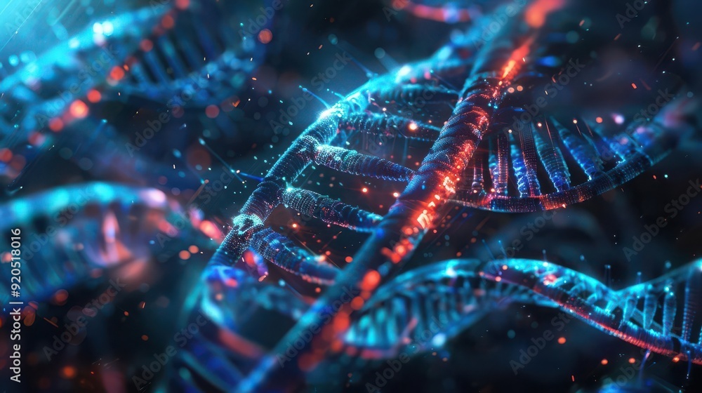 Poster abstract 3d rendering of dna strands with glowing particles.