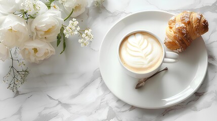 cup of coffee with milk, Cozy coffee and pastry setup with fresh flowers.