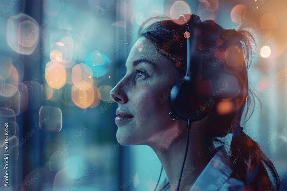 Aufkleber calm customer service representative handling multiple customer inquiries simultaneously with bokeh 