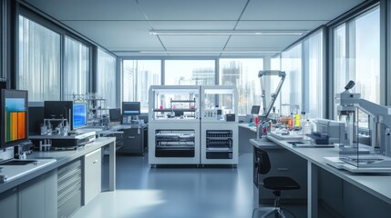 A contemporary laboratory with a 3D printer and cutting-edge scientific tools, emphasizing the integration of technology and research.