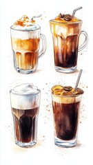 Hot and cold coffee beverage with watercolor decoration,iced cafe latte,Espresso,americano,cappuccino,Isometric Vector illustration blended coffee for logo,marketing,banner,menu cafe or coffee shop.