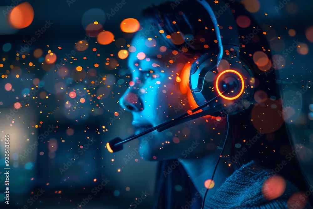 Aufkleber calm customer service representative handling multiple customer inquiries simultaneously with bokeh 