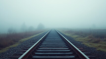 Fototapeta premium A deserted railway track, partially obscured by fog, stretching endlessly into the distance, creating a haunting, atmospheric scene.