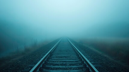 Fototapeta premium A deserted railway track shrouded in fog, stretching into the distance and disappearing into the mist, creating a mysterious atmosphere.