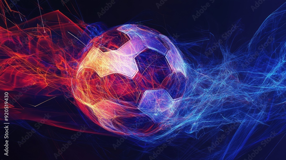 Poster a dynamic and energetic abstract digital piece featuring a football with motion lines, capturing the