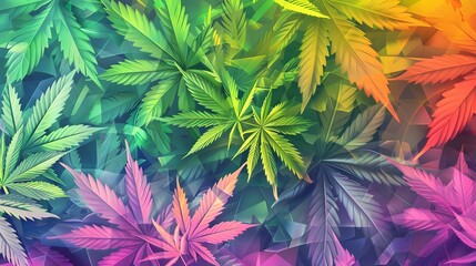 Marijuana leaves on a colorful background, close up top view on cannabis leaves and branches on colorful background for alternative medical and marketing design concept
