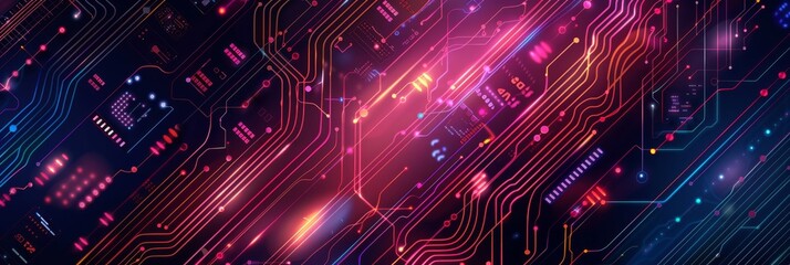 A captivating abstract view featuring intricate circuit board designs illuminated by vibrant, colorful lights