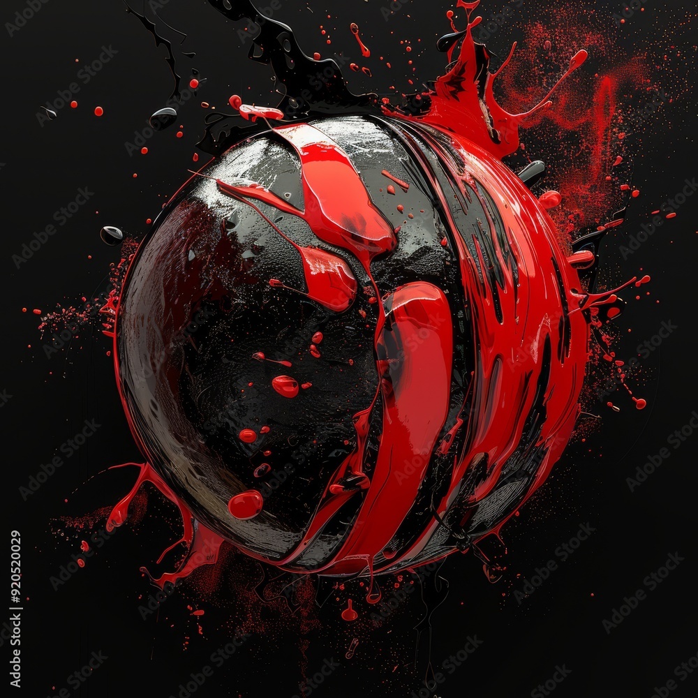 Poster A vibrant and striking 3D sphere showcases an impressive array of bold red and deep black splashes, skillfully creating an energetic visual effect that truly stands out against a rich dark background