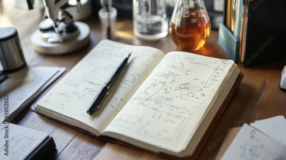 Poster a lab notebook open to detailed pages of scientific observations and sketches, with a pen and lab eq
