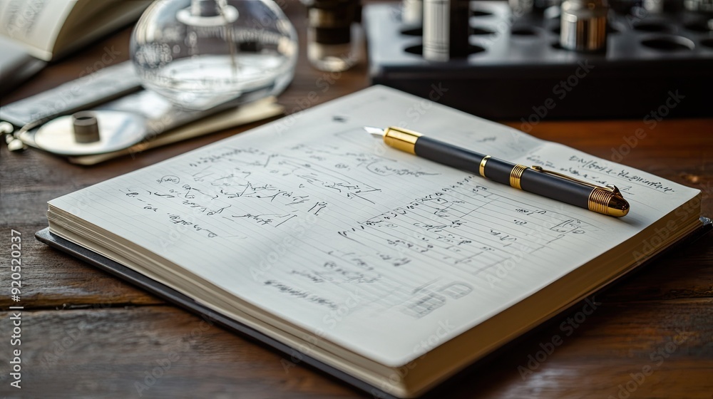 Poster a lab notebook open to detailed pages of scientific observations and sketches, with a pen and lab eq