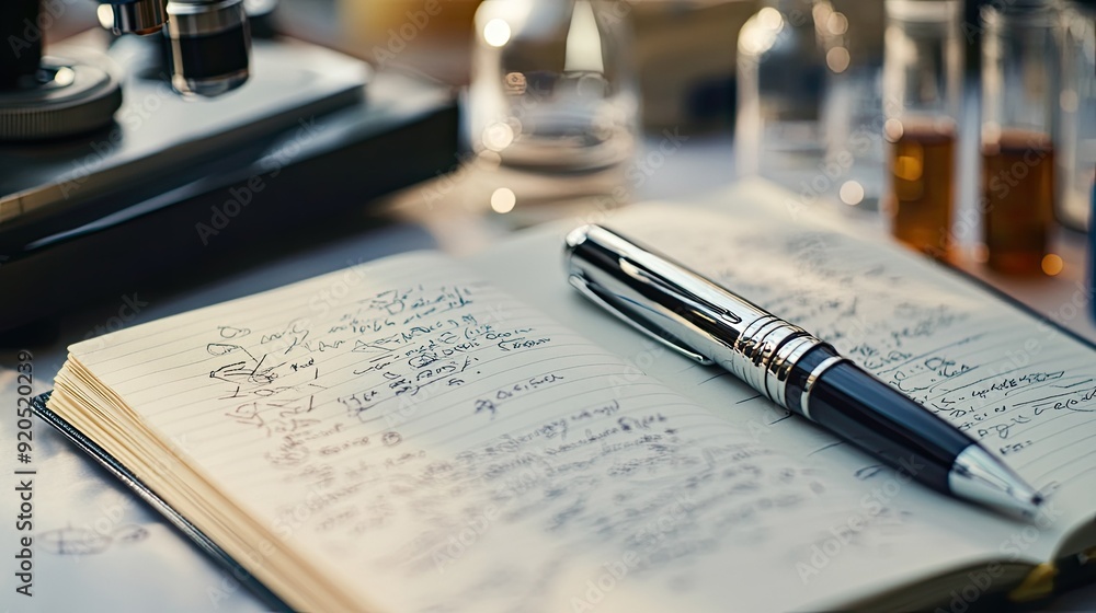 Poster a lab notebook open to detailed pages of scientific observations and sketches, with a pen and lab eq
