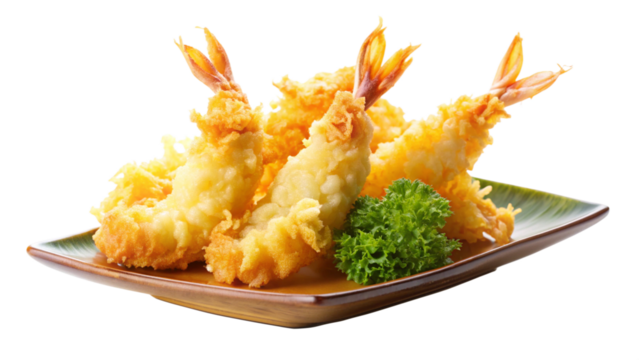 A deep-fried tempura shrimp with a light, airy batter and a golden, crispy coating.
