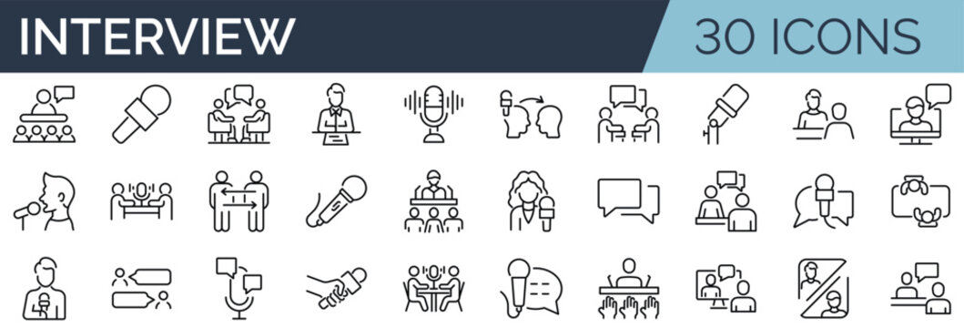 Set of 30 outline icons related to interview. Linear icon collection. Editable stroke. Vector illustration