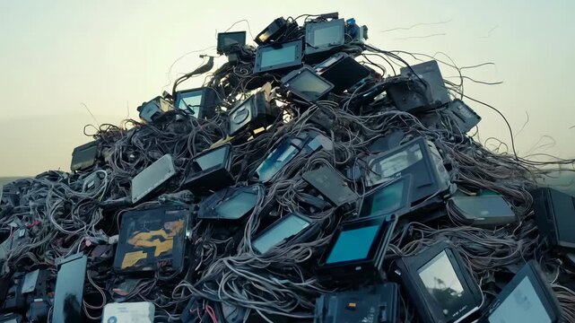 Electronic waste accumulation in a landfill during sunset