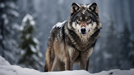 Obraz premium Primal Majesty: A Captivating Close-Up Portrait of a Lone Grey Wolf Amidst Snowy Wilderness
