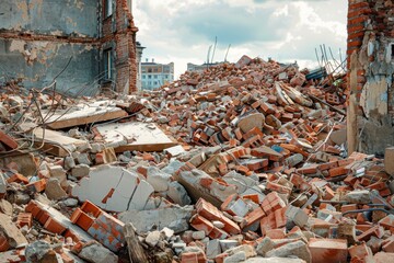 A significant accumulation of debris in an urban setting, surrounded by partially standing buildings, indicating recent devastation., Buildings reduced to piles of rubble, Ai generated