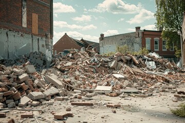 A significant accumulation of debris in an urban setting, surrounded by partially standing buildings, indicating recent devastation., Buildings reduced to piles of rubble, Ai generated