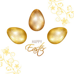 Happy Easter Celebration Poster Design with Realistic Golden Eggs and Floral Branch Decorated Png Background.