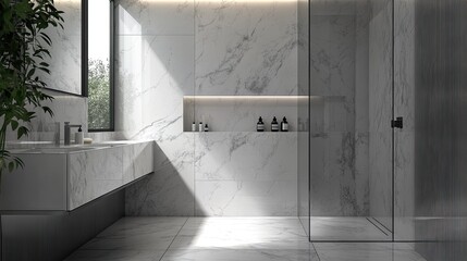 A marble shower curtain in a modern bathroom, complemented by a minimal vanity and grey porcelain tiles, creating a chic ambiance.