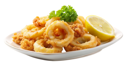 A piece of fried calamari with a light, crispy batter and tender, succulent squid inside.