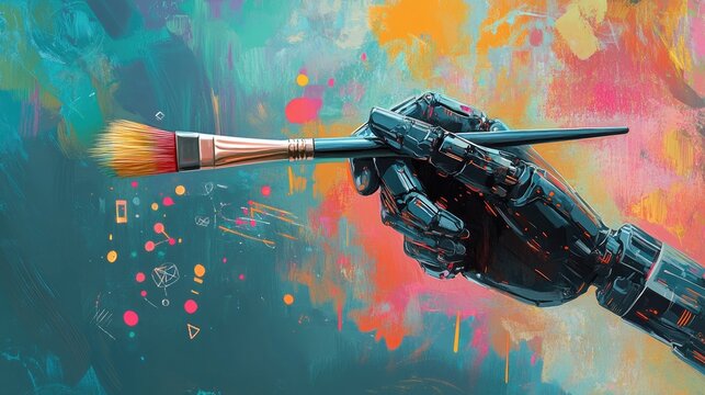 A mechanical hand holding a paintbrush, with intelligent algorithm icons, merging technology with artistic expression.