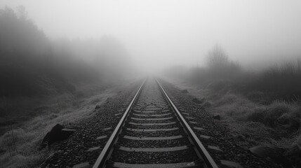 Fototapeta premium A misty railway track fading into the foggy distance, evoking feelings of isolation, mystery, and anticipation.