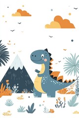 Obraz premium Cute Dinosaur Illustration with Mountain and Clouds