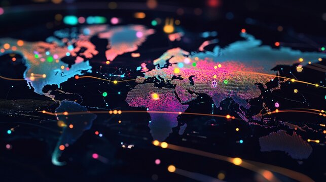 An interactive digital map displaying global e-commerce activity, with a close-up focus on real-time data points and transactions. 