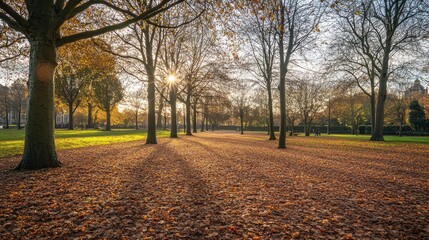 Naklejka premium A picturesque autumn park with bare trees and fallen leaves scattered across the ground, bathed in the soft glow of autumn light.