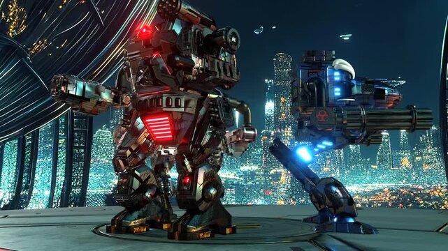 A futuristic combat robot in the future.