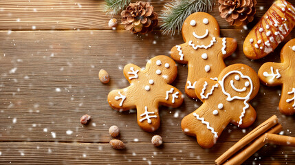 Christmas gingerbread cookies on wooden table background