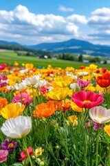 Obraz premium Colorful wildflower field in bloom under a bright blue sky with distant mountains