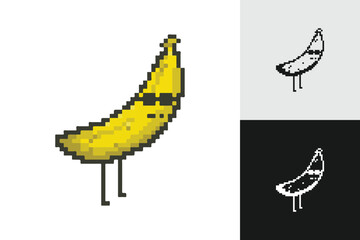 Banana pixel art character set collection. 8-bit sprite. Game development, mobile app. Isolated vector illustration