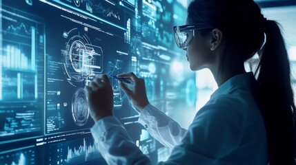 Woman interacting with futuristic digital interface