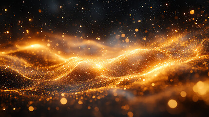 A dark background with glowing, swirling waves of golden light