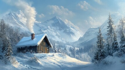 Fototapeta premium A snow-blanketed mountain cabin with smoke curling from the chimney, creating a warm and inviting winter scene.