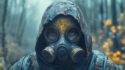 A Lone Wanderer in a Gas Mask Amidst a Desolate Forest