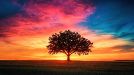 A solitary tree silhouetted against a wide, colorful sky, capturing the beauty of nature in a tranquil, open field.