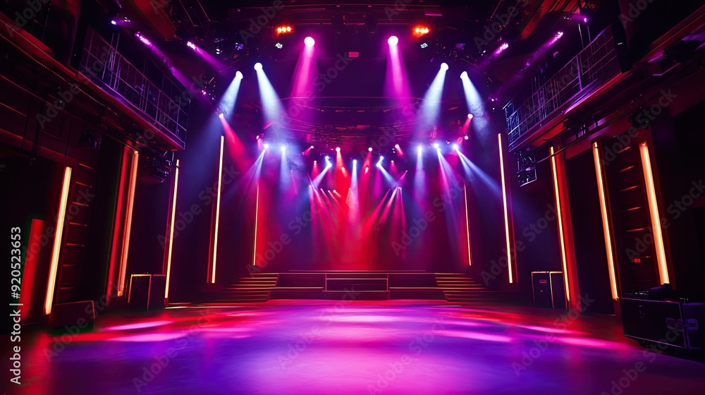 Poster a stage set with dramatic red and purple lights, casting an intense glow and creating a visually cap