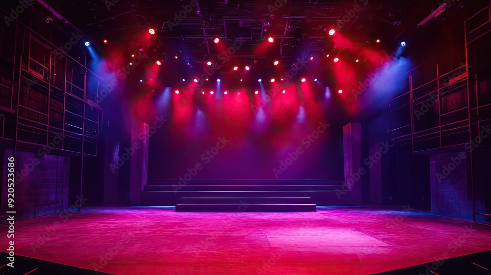 Poster a stage set with dramatic red and purple lights, casting an intense glow and creating a visually cap